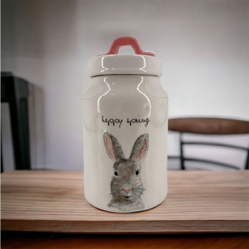 Rae Dunn Happy Spring Bunny Rabbit Canister Ivory Magenta Pink Handle 7.5” X 4.5